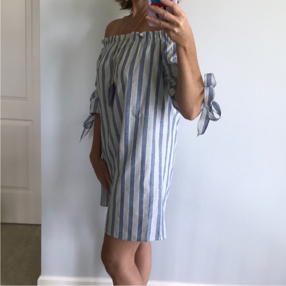Blue and White Stripe Off the Shoulder Dress - Picture 3 of 6